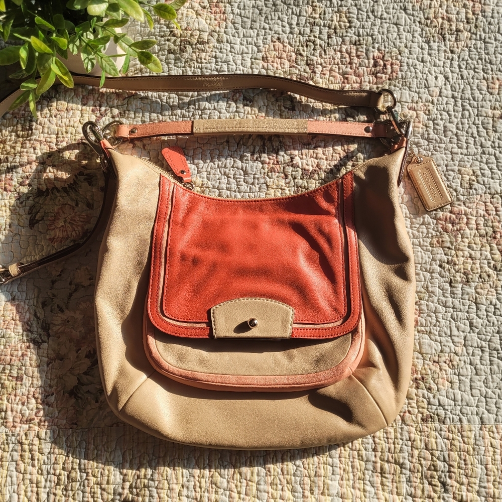 COACH Kristin Spectator leather hobo crossbody bag cream and coral